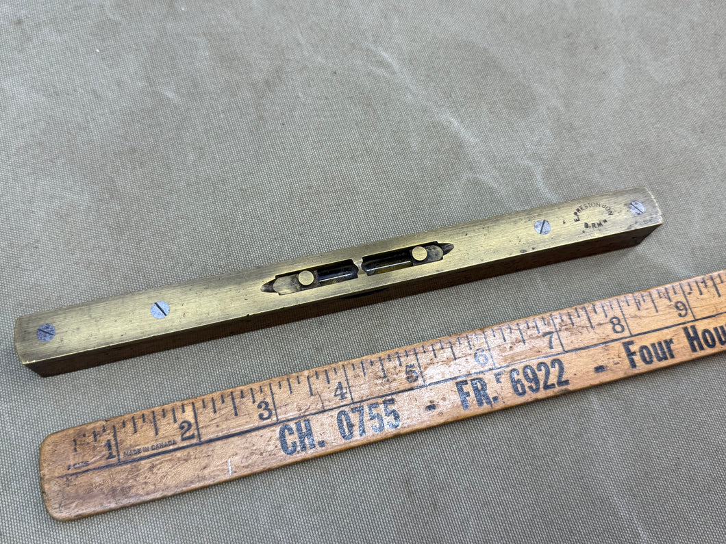 E PRESTON EARLY TEAK? LEVEL WITH SLIDING BRASS COVERS - Boyshill Tools and Treen