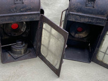 Load image into Gallery viewer, PAIR OIL LAMPS INDUSTRIAL TRANSPORT ( STEAM ENGINES?) NICE GLASS - Boyshill Tools and Treen