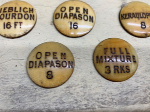 13 ANTIQUE ORGAN STOP FACES, LABELS 1 1/4 IN DIAMETER - Boyshill Tools and Treen