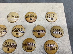 13 ANTIQUE ORGAN STOP FACES, LABELS 1 1/4 IN DIAMETER - Boyshill Tools and Treen